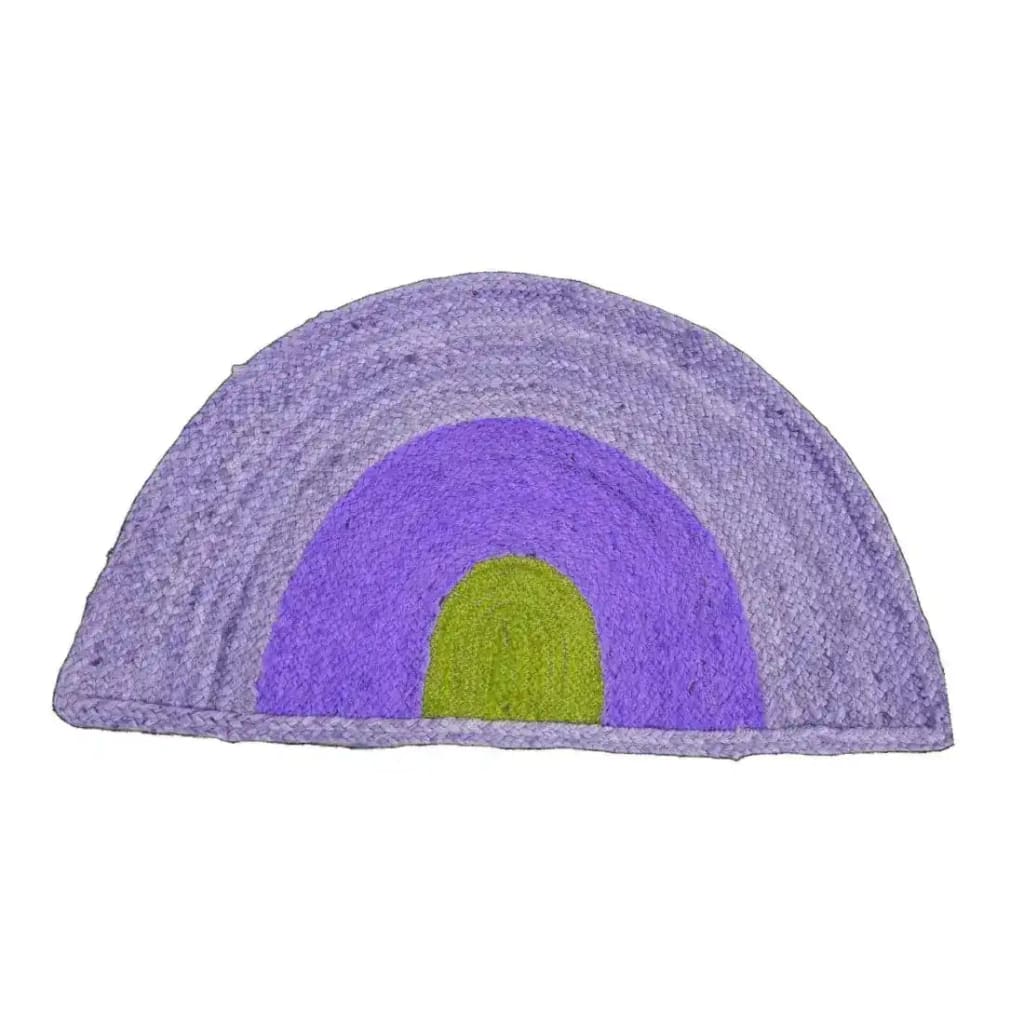 A vibrant Three-toned Half Moon Accent Jute Rug in striking purple hues, perfect as an area rug for the dining room or bedroom. This boho rug, with its unique half-moon design, adds a touch of elegance and style to any space, making it an ideal choice for those seeking a round rug or jute rug for their bedroom.