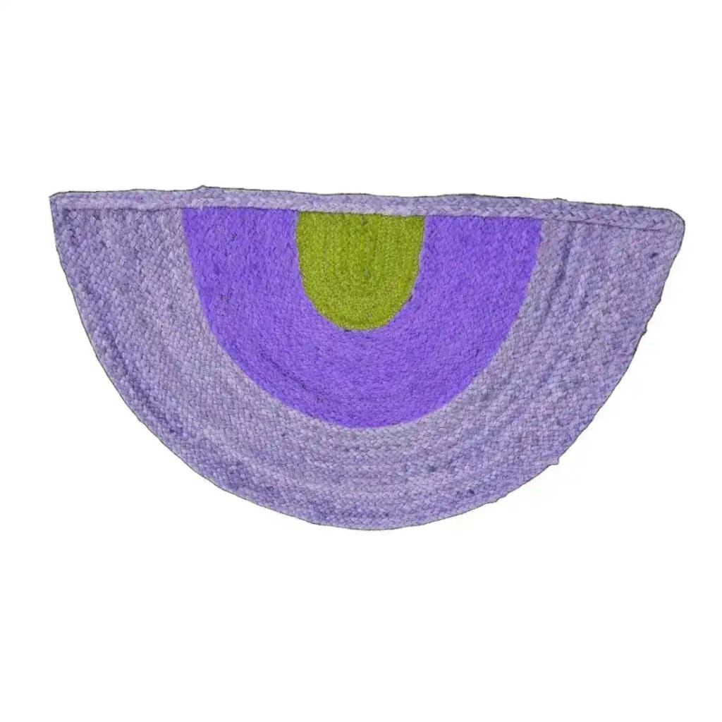 Three-toned Half Moon Accent Jute Rug in a vibrant purple color, perfect as an area rug for dining rooms or bedrooms. This boho round rug showcases a blend of purple and green tones, offering a stylish touch to bedroom rugs and enhancing your space with its unique design.