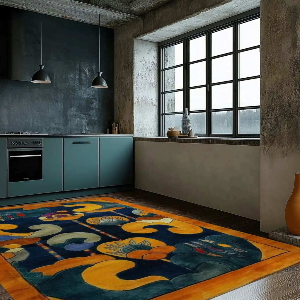 A contemporary Tibetan Tapestry Tufted Wool Rug, featuring an abstract design with vibrant colors, perfect for large living rooms or offices. This area rug adds a modern touch to the space with its unique pattern and plush texture.