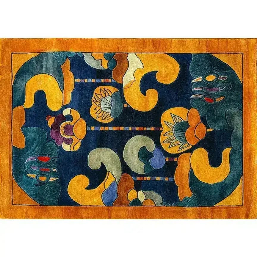 A vibrant Tibetan Tapestry Tufted Wool Rug featuring an abstract design with bold colors including blue, yellow, and orange. This contemporary area rug is perfect for adding a touch of artistry to large living rooms or offices.