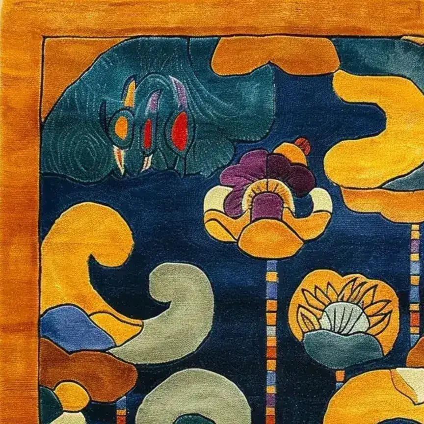 Close-up view of a Tibetan Tapestry Tufted Wool Rug, featuring vibrant abstract patterns in rich colors. This contemporary area rug is perfect for large living rooms or offices, adding a touch of elegance and warmth.