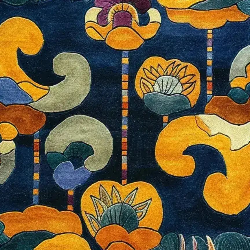 Vibrant Tibetan Tapestry Tufted Wool Rug featuring an abstract floral design with bold colors on a deep blue background. Perfect as a large living room rug or contemporary wool rug for an office setting, adding style and warmth to any space.