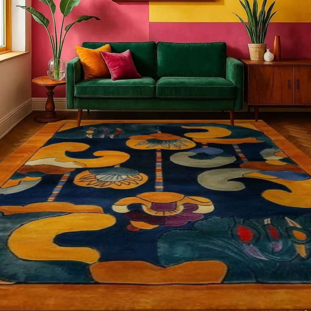 A beautifully designed Tibetan Tapestry Tufted Wool Rug graces a spacious living room. This large area rug features an abstract, colorful design with rich blues, yellows, and greens, perfectly complementing the modern decor. Ideal for both living rooms and offices, this contemporary wool rug adds a touch of elegance and warmth to any space.