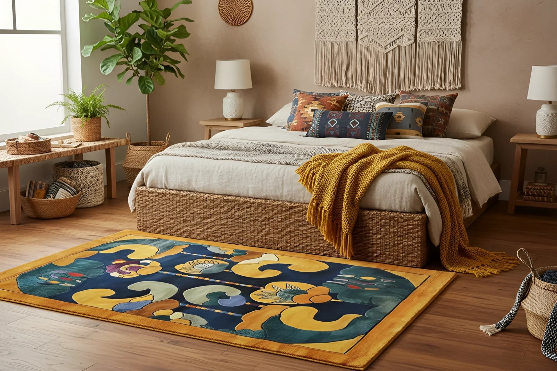 A vibrant Tibetan Tapestry Tufted Wool Rug featuring an abstract design with bold colors including blue, yellow, and orange. This contemporary area rug is perfect for adding a touch of artistry to large living rooms or offices.