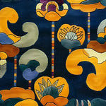 Vibrant Tibetan Tapestry Tufted Wool Rug featuring an abstract floral design with bold colors on a deep blue background. Perfect as a large living room rug or contemporary wool rug for an office setting, adding style and warmth to any space.