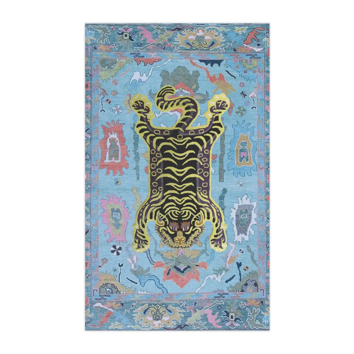 Tibetan tiger kitchen towel flat-lay, rectangular blue cotton with yellow-black tiger and colorful Tibetan-style decorative border