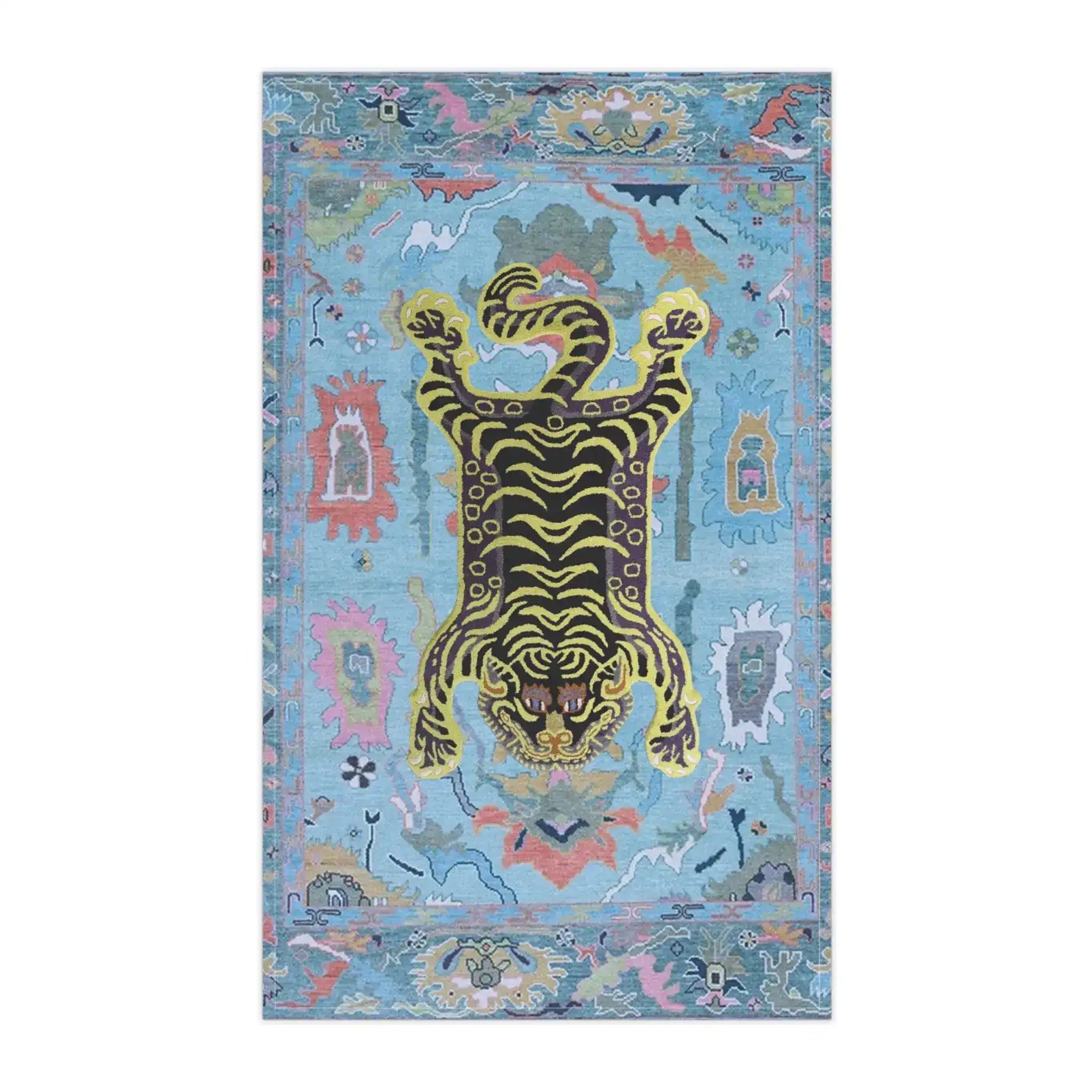 Tibetan tiger kitchen towel flat-lay, rectangular blue cotton with yellow-black tiger and colorful Tibetan-style decorative border
