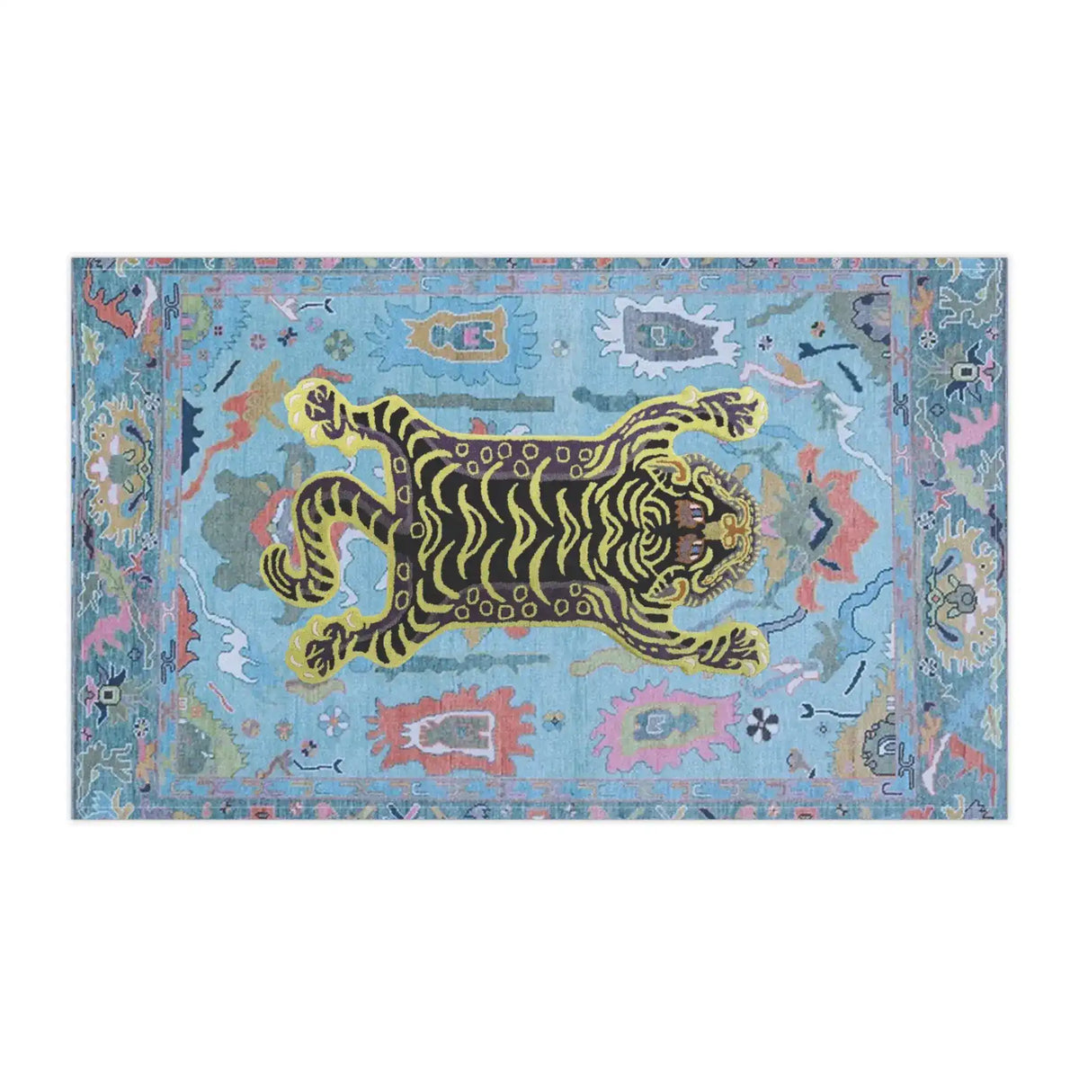 Tibetan tiger tea towel horizontal flat-lay, yellow-black striped tiger on light blue cotton with multicolor Tibetan border