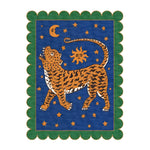 Vibrant Tibetan Tiger Starry Night Scallop Hand Tufted Wool Rug featuring a whimsical tiger design on a striking blue background with celestial motifs, ideal for large living room rugs or as a vintage wool rug centerpiece.