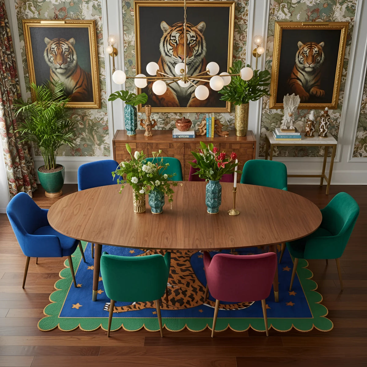 Dining room with a round wooden table and colorful chairs, featuring tiger-themed decor.