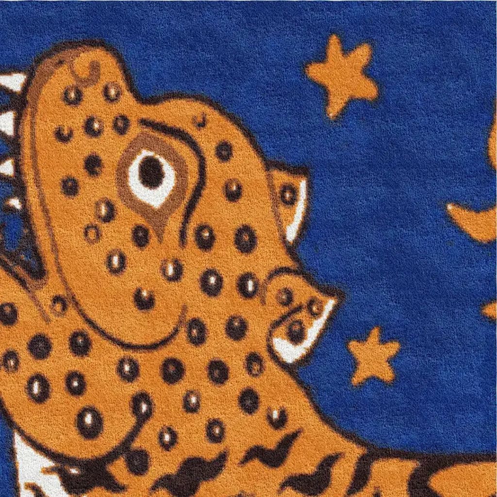 Close-up view of the Tibetan Tiger Starry Night Scallop Hand Tufted Wool Rug, featuring a vibrant tiger design with rich blue and orange tones, ideal for adding a bold statement to large living room rugs, cozy kitchen rugs, or as a striking bathroom runner rug. Perfect for those seeking unique wool rug options and vintage rug styles.
