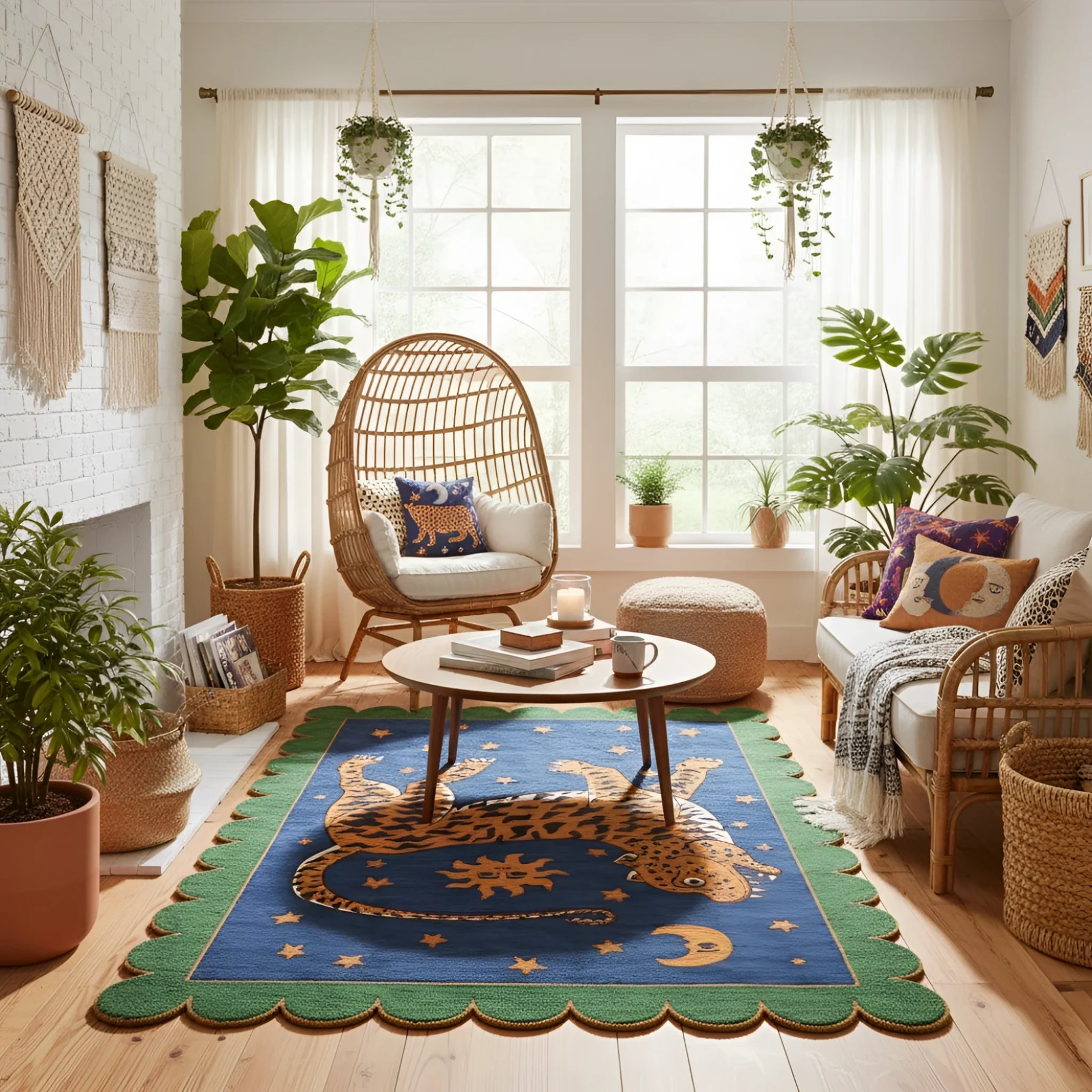 Cozy living room with a blue and green scallop tiger wool rug, wicker furniture, and plants.