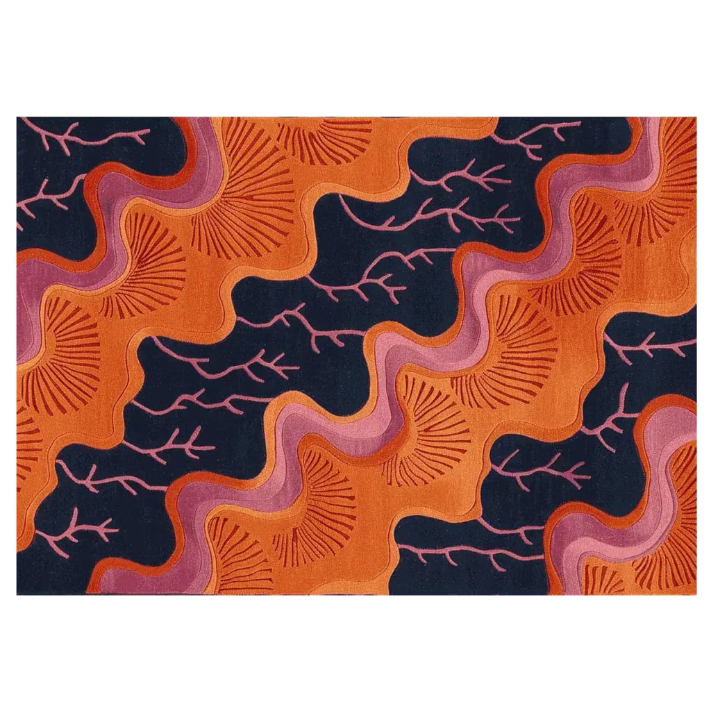 Top view of the Tidal Bloom Hand Knotted Rug, a contemporary area rug featuring an abstract design with vibrant orange and purple waves against a dark background. Perfect for adding a modern touch to living room rugs 8x10 spaces, this wool rug combines art and functionality, making it an ideal choice for area rugs for living room settings.