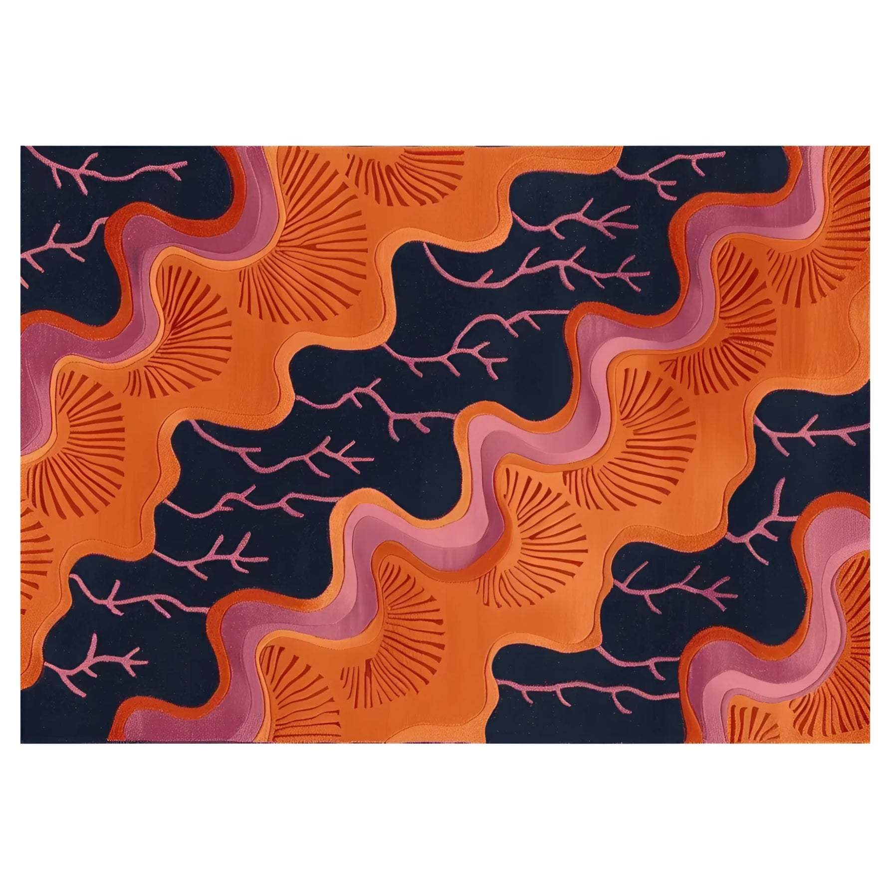Top view of the Tidal Bloom Hand Knotted Rug, a contemporary area rug featuring an abstract design with vibrant orange and purple waves against a dark background. Perfect for adding a modern touch to living room rugs 8x10 spaces, this wool rug combines art and functionality, making it an ideal choice for area rugs for living room settings.