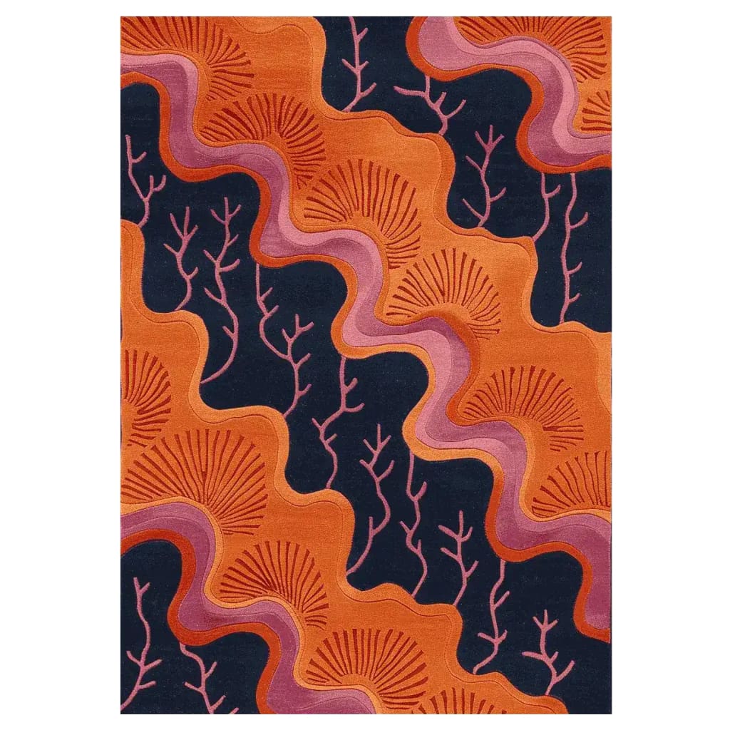 The Tidal Bloom Hand Knotted Rug showcases an abstract design in vibrant orange and deep navy, resembling ocean waves and coral. This contemporary wool area rug is perfect for adding a splash of color to any living room, especially as an 8x10 centerpiece.