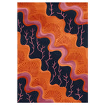 The Tidal Bloom Hand Knotted Rug showcases an abstract design in vibrant orange and deep navy, resembling ocean waves and coral. This contemporary wool area rug is perfect for adding a splash of color to any living room, especially as an 8x10 centerpiece.