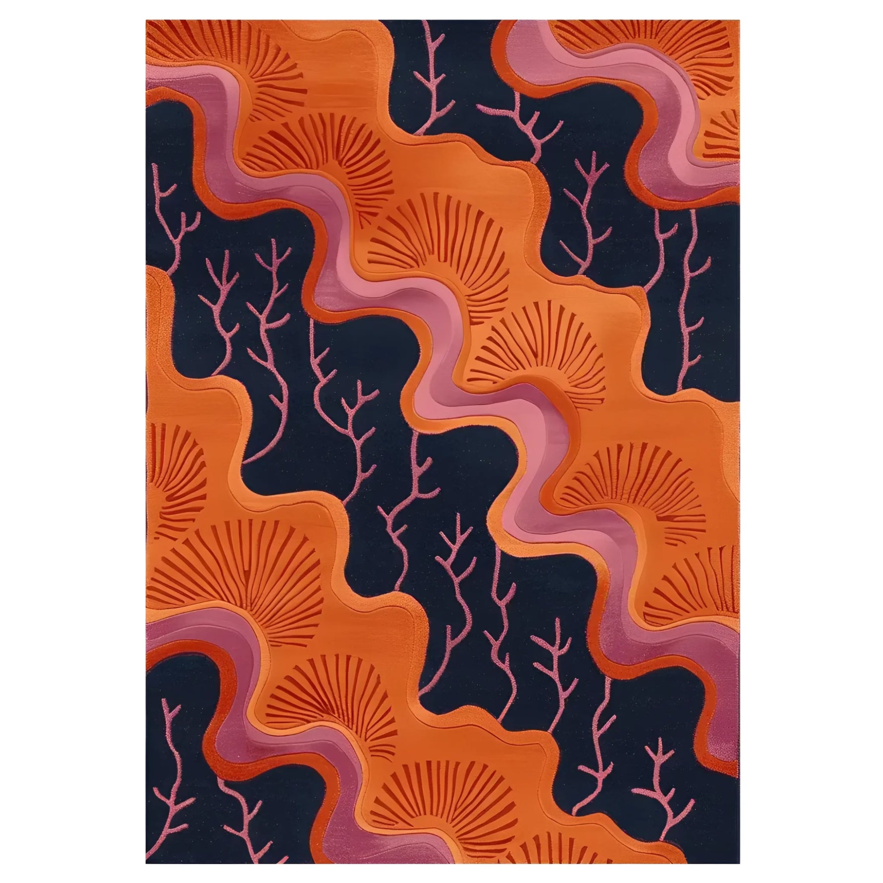 The Tidal Bloom Hand Knotted Rug showcases an abstract design in vibrant orange and deep navy, resembling ocean waves and coral. This contemporary wool area rug is perfect for adding a splash of color to any living room, especially as an 8x10 centerpiece.