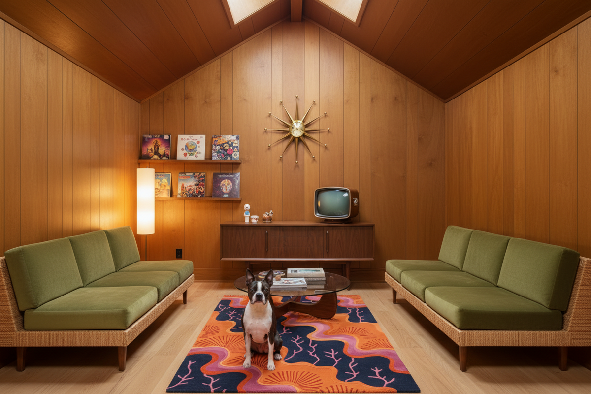 Living room with wooden walls, green sofas, a colorful rug, and a television.