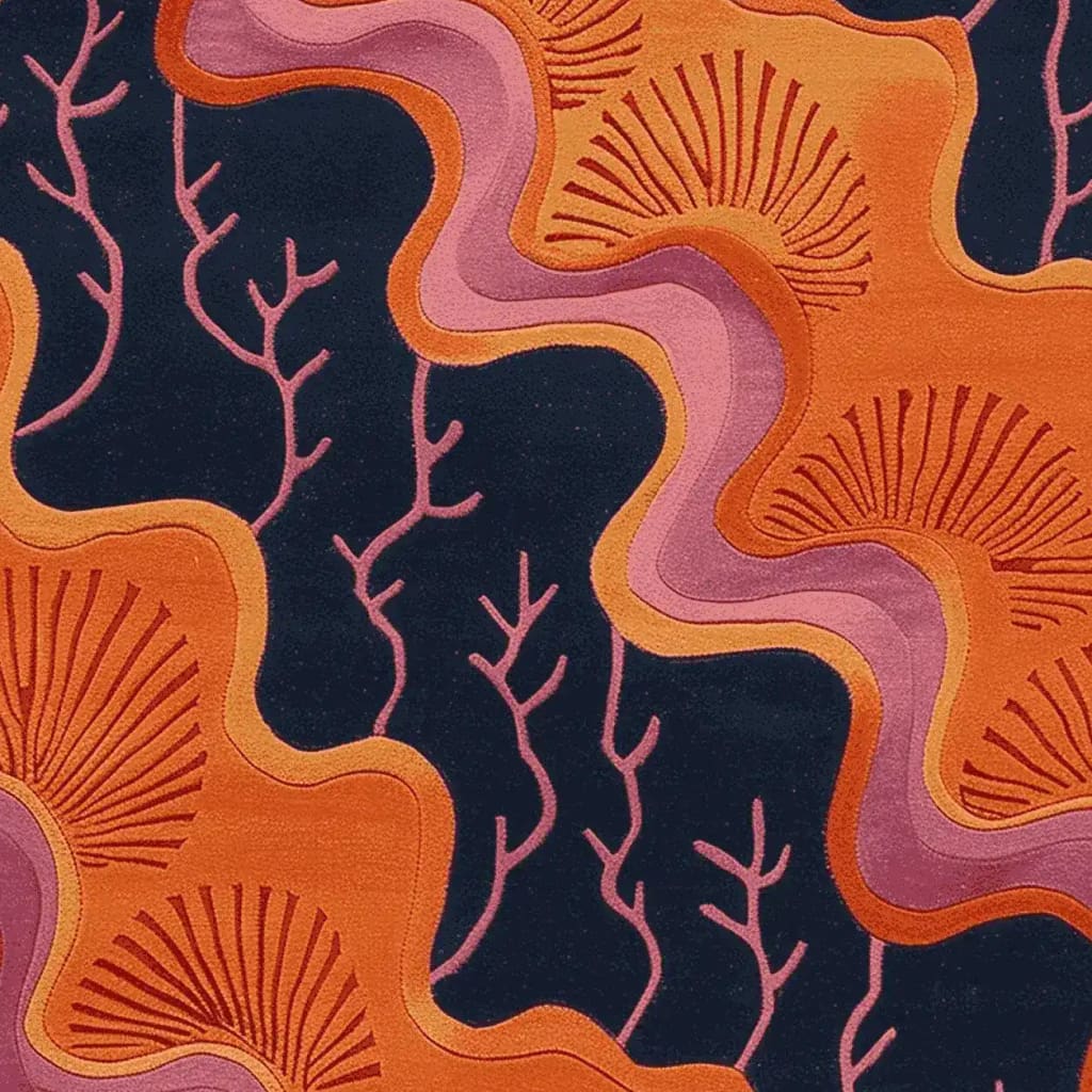 This vibrant area rug features an abstract design with bold, swirling orange and pink patterns against a deep navy background. Ideal for adding a contemporary touch to your living space, this 8x10 wool rug is perfect for living room settings.
