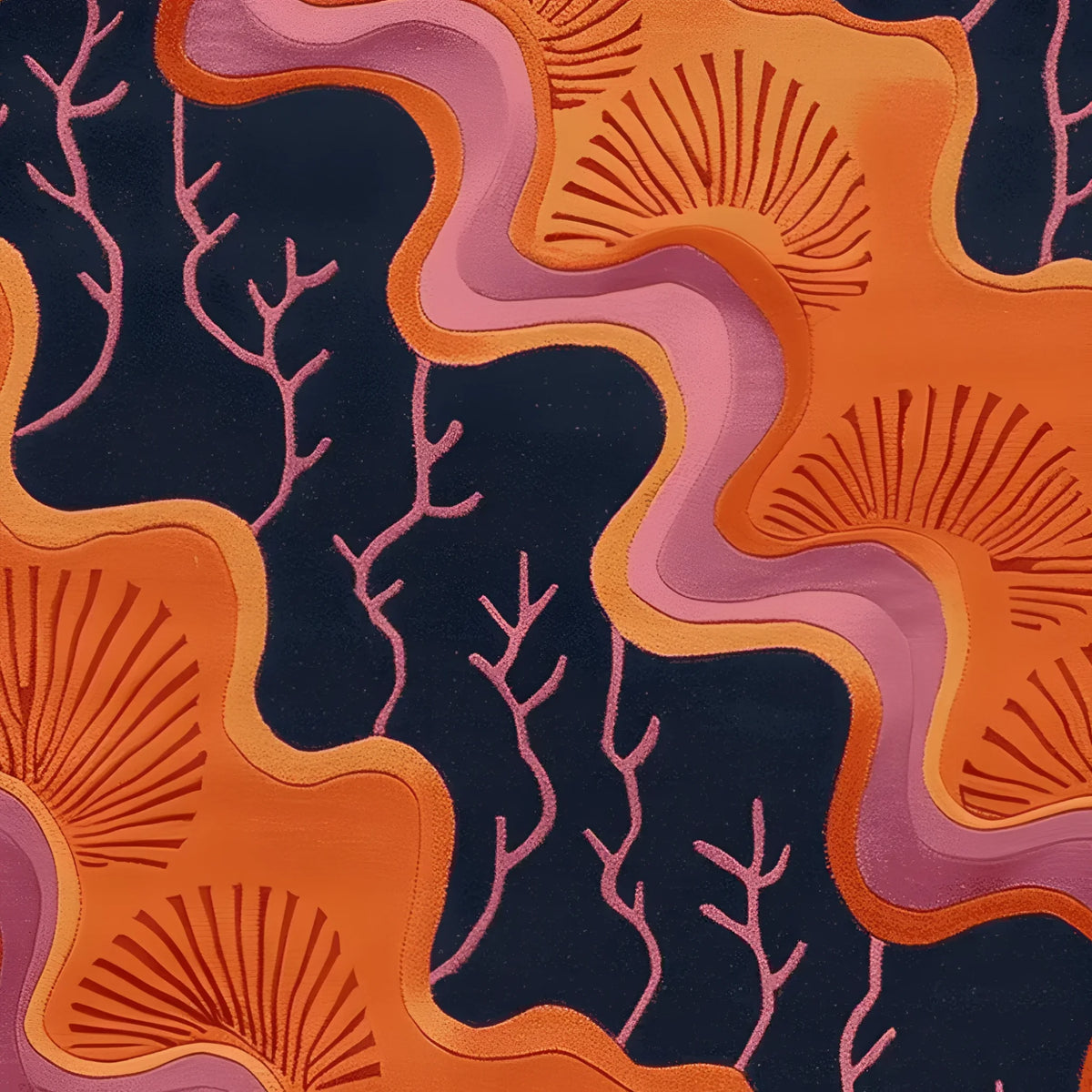 This vibrant area rug features an abstract design with bold, swirling orange and pink patterns against a deep navy background. Ideal for adding a contemporary touch to your living space, this 8x10 wool rug is perfect for living room settings.