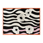 This area rug features a contemporary design with abstract black and white wavy lines and floral patterns, accented by a subtle pink hue. Ideal for living room rugs 8x10, this hand-tufted wool rug offers both style and comfort.
