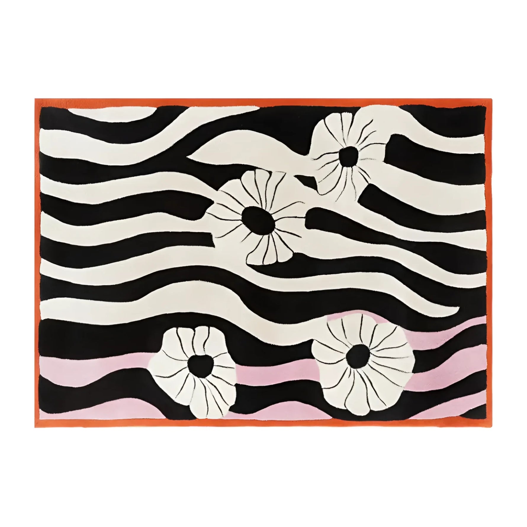 This area rug features a contemporary design with abstract black and white wavy lines and floral patterns, accented by a subtle pink hue. Ideal for living room rugs 8x10, this hand-tufted wool rug offers both style and comfort.