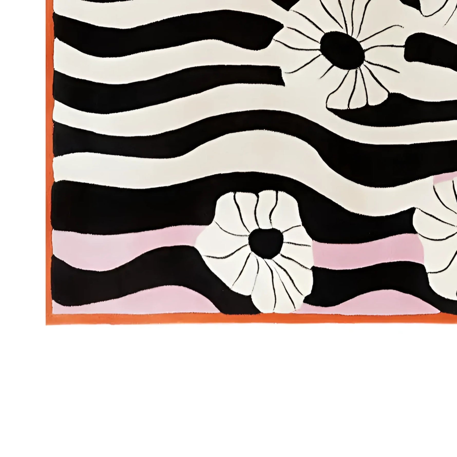 This is a corner detail of the Tidal Contours Hand Tufted Wool Rug, showcasing its bold, contemporary design with wavy black and white stripes accented by pink tones and abstract flower motifs. Perfect for those seeking a modern area rug, ideal for living room spaces sized 8x10. The wool rug offers a stylish and artistic touch to any interior.