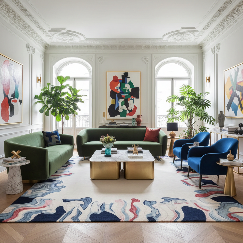Modern living room with green sofa, a contemporary wool rug, blue chairs, and colorful artwork.