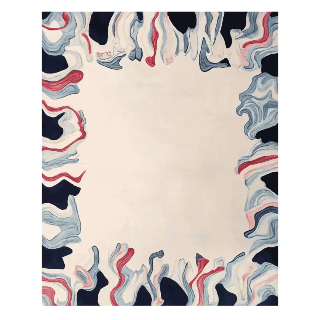 A contemporary area rug with an abstract design featuring flowing patterns in blue, red, and black. This hand-tufted wool rug is perfect for adding a stylish touch to any living room space.