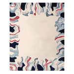 A contemporary area rug with an abstract design featuring flowing patterns in blue, red, and black. This hand-tufted wool rug is perfect for adding a stylish touch to any living room space.