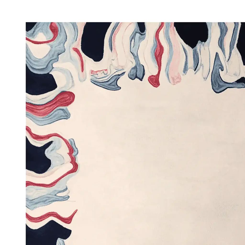A contemporary hand-tufted area rug with an abstract design featuring flowing waves of red, blue, and cream colors. Perfect for adding a modern touch to any living room, this wool rug combines artistic elegance with practical comfort, ideal for those seeking stylish rugs for living room spaces.