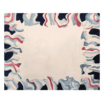 This image showcases the Tidal Flow Frame Hand Tufted Rug, a contemporary area rug perfect for living rooms. The wool rug features a unique abstract border design with flowing patterns in shades of blue, red, and black, creating a modern and stylish look. Ideal for those seeking distinctive living room area rugs.