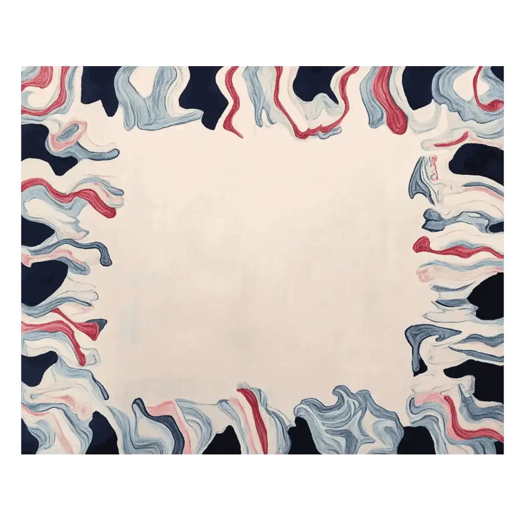 This image showcases the Tidal Flow Frame Hand Tufted Rug, a contemporary area rug perfect for living rooms. The wool rug features a unique abstract border design with flowing patterns in shades of blue, red, and black, creating a modern and stylish look. Ideal for those seeking distinctive living room area rugs.
