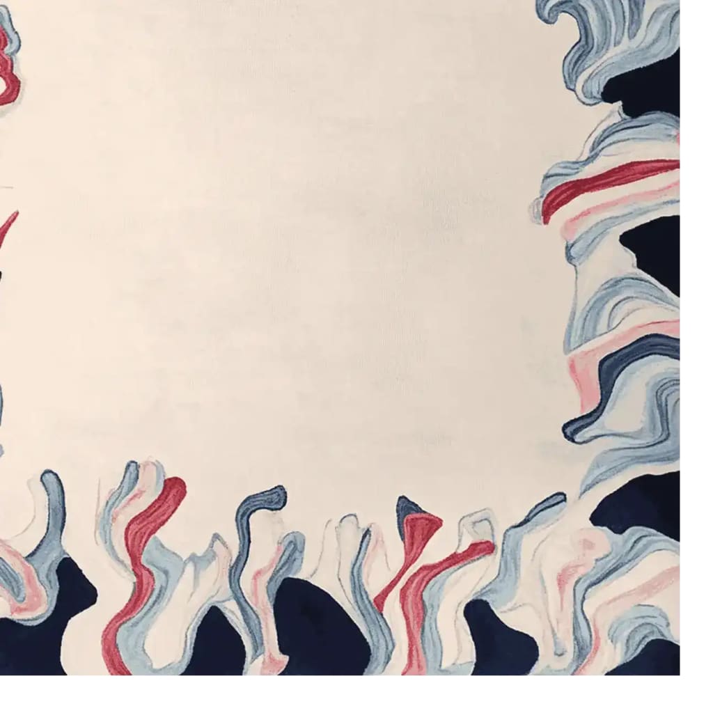 Top view of the Tidal Flow Frame Hand Tufted Area Rug featuring a contemporary abstract design with swirling patterns in blue, red, and white. Perfect for adding a touch of modern elegance to living room spaces, this wool rug enhances any décor.