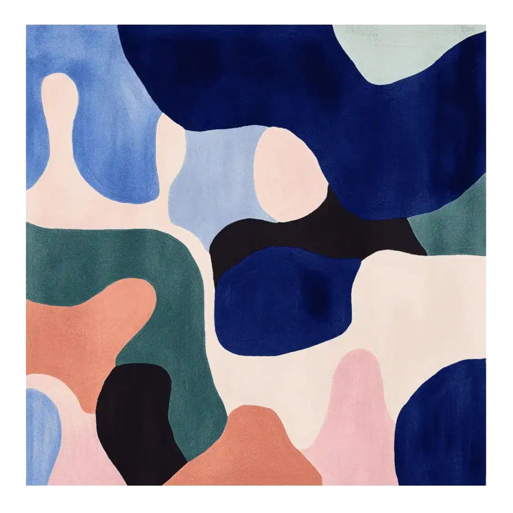A vibrant, contemporary area rug featuring an abstract design with bold colors including blue, green, pink, and black. This large living room rug is hand-tufted from wool, offering a plush texture and modern aesthetic. Perfect as a square area rug for adding a stylish touch to any living space.