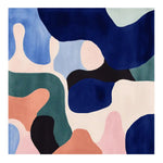 A vibrant, contemporary area rug featuring an abstract design with bold colors including blue, green, pink, and black. This large living room rug is hand-tufted from wool, offering a plush texture and modern aesthetic. Perfect as a square area rug for adding a stylish touch to any living space.