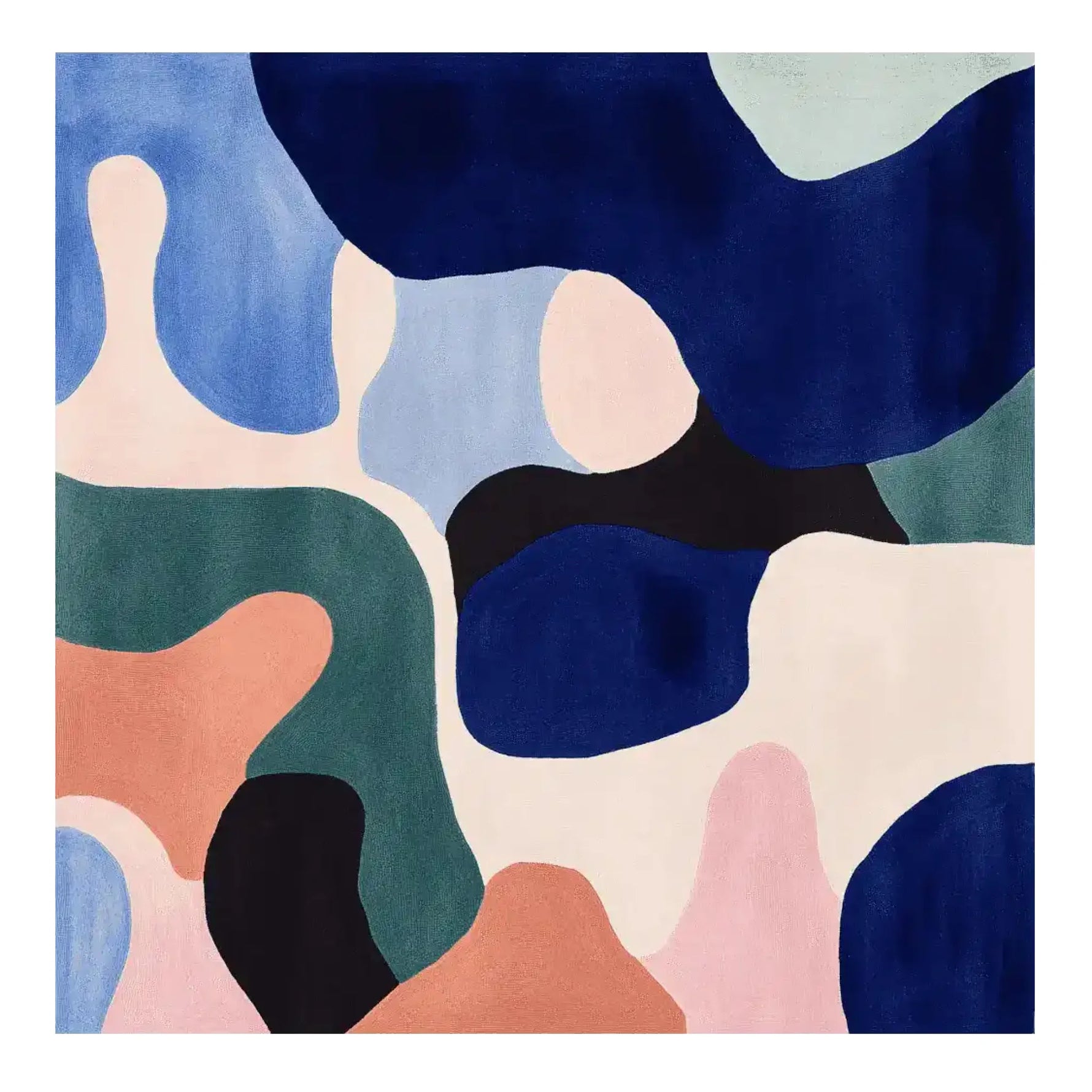 A vibrant, contemporary area rug featuring an abstract design with bold colors including blue, green, pink, and black. This large living room rug is hand-tufted from wool, offering a plush texture and modern aesthetic. Perfect as a square area rug for adding a stylish touch to any living space.