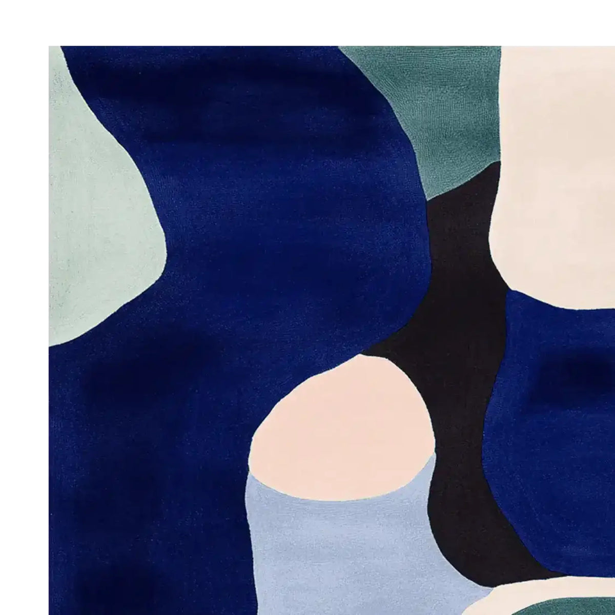 A contemporary wool area rug with an abstract design featuring deep blue, pastel pink, soft green, and neutral tones. This hand-tufted square area rug is perfect for a large living room, offering a modern touch and comfort underfoot.