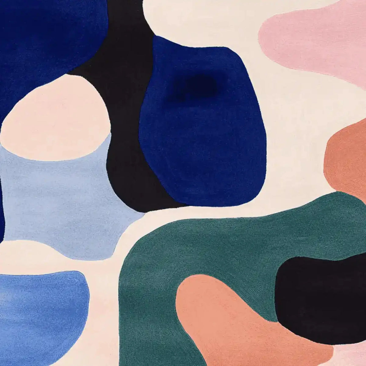 Top view of the Tidal Flow Terrain Hand Tufted Rug, showcasing a contemporary abstract design with bold blue, green, and pink shapes. This wool rug is ideal for large living rooms, offering a unique and stylish touch as a square area rug.