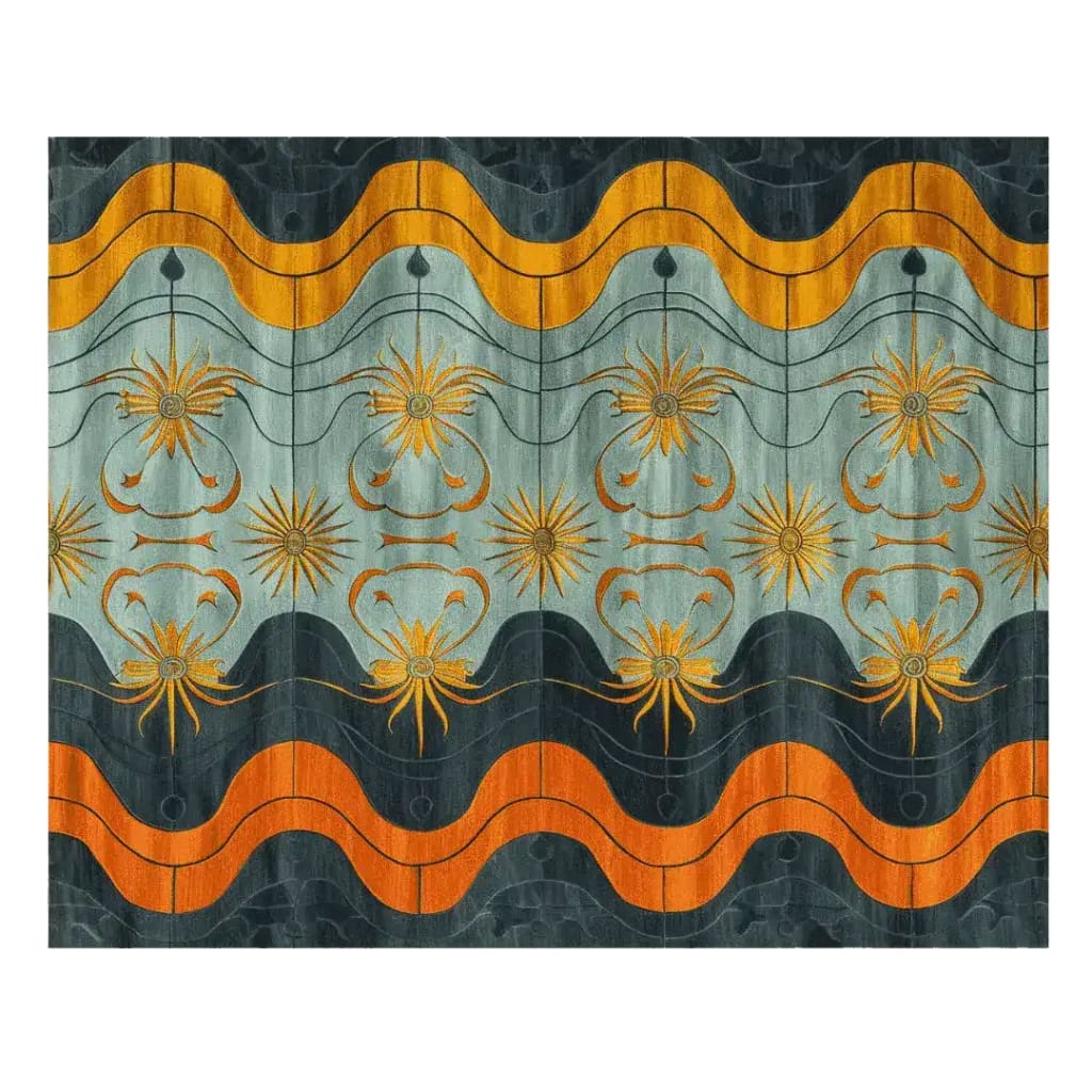Eye-catching Tidal Glow Hand Tufted Area Rug featuring a contemporary abstract design with vibrant orange and blue wave patterns. Ideal as a living room area rug, this wool rug measures 8x10, adding a modern touch to any space.