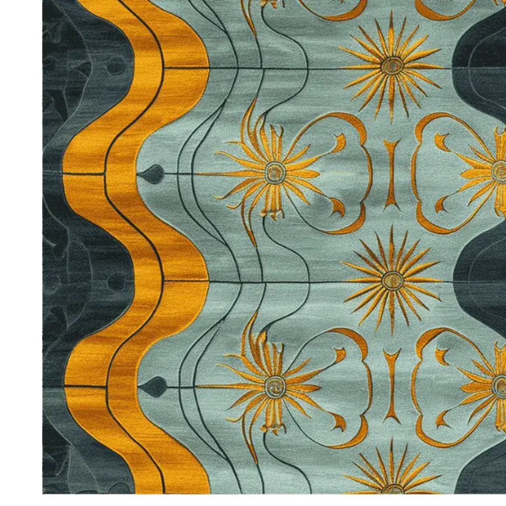 This vibrant area rug showcases a dynamic pattern of swirling golden yellow and rich blue waves, accented with abstract floral motifs. Perfect for adding a touch of modern elegance to living room spaces, this contemporary rug is an ideal choice for those seeking living room area rugs. The design captures the eye in an 8x10 wool rug format, perfectly blending style and comfort.