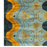 This vibrant area rug showcases a dynamic pattern of swirling golden yellow and rich blue waves, accented with abstract floral motifs. Perfect for adding a touch of modern elegance to living room spaces, this contemporary rug is an ideal choice for those seeking living room area rugs. The design captures the eye in an 8x10 wool rug format, perfectly blending style and comfort.