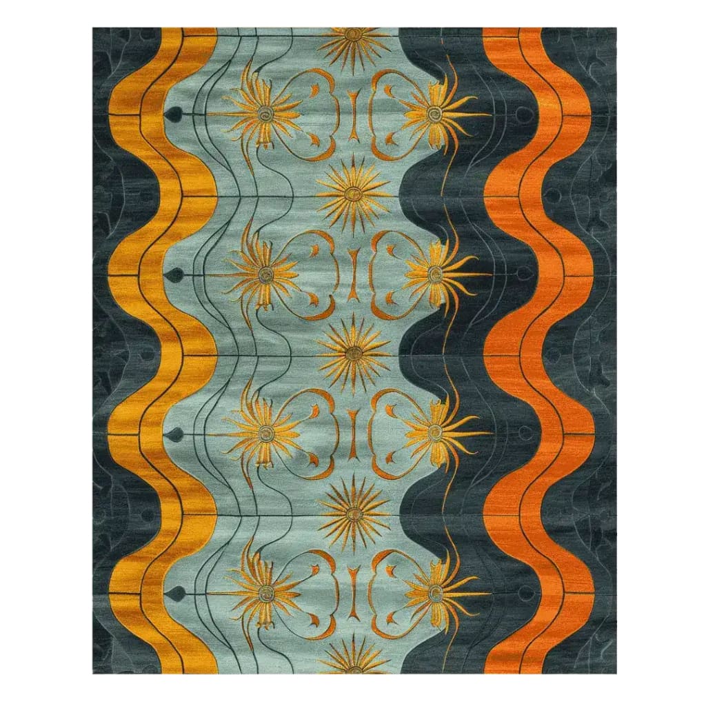 Elevate your living space with the Tidal Glow Hand Tufted Area Rug, perfect for contemporary living rooms. This eye-catching wool rug features a dynamic wavy design in rich orange and deep blue tones, ideal for 8x10 living room areas.