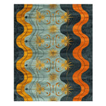 Elevate your living space with the Tidal Glow Hand Tufted Area Rug, perfect for contemporary living rooms. This eye-catching wool rug features a dynamic wavy design in rich orange and deep blue tones, ideal for 8x10 living room areas.
