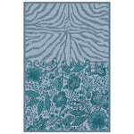 The Tidal Serenade Hand Tufted Wool Rug features an abstract design with flowing zebra-like stripes and intricate floral patterns in shades of blue and green, perfect as an area rug for living rooms. This 8x10 wool rug adds a unique touch to any space.