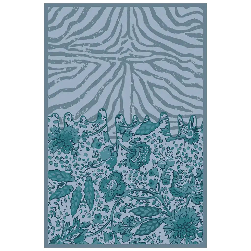 The Tidal Serenade Hand Tufted Wool Rug features an abstract design with flowing zebra-like stripes and intricate floral patterns in shades of blue and green, perfect as an area rug for living rooms. This 8x10 wool rug adds a unique touch to any space.