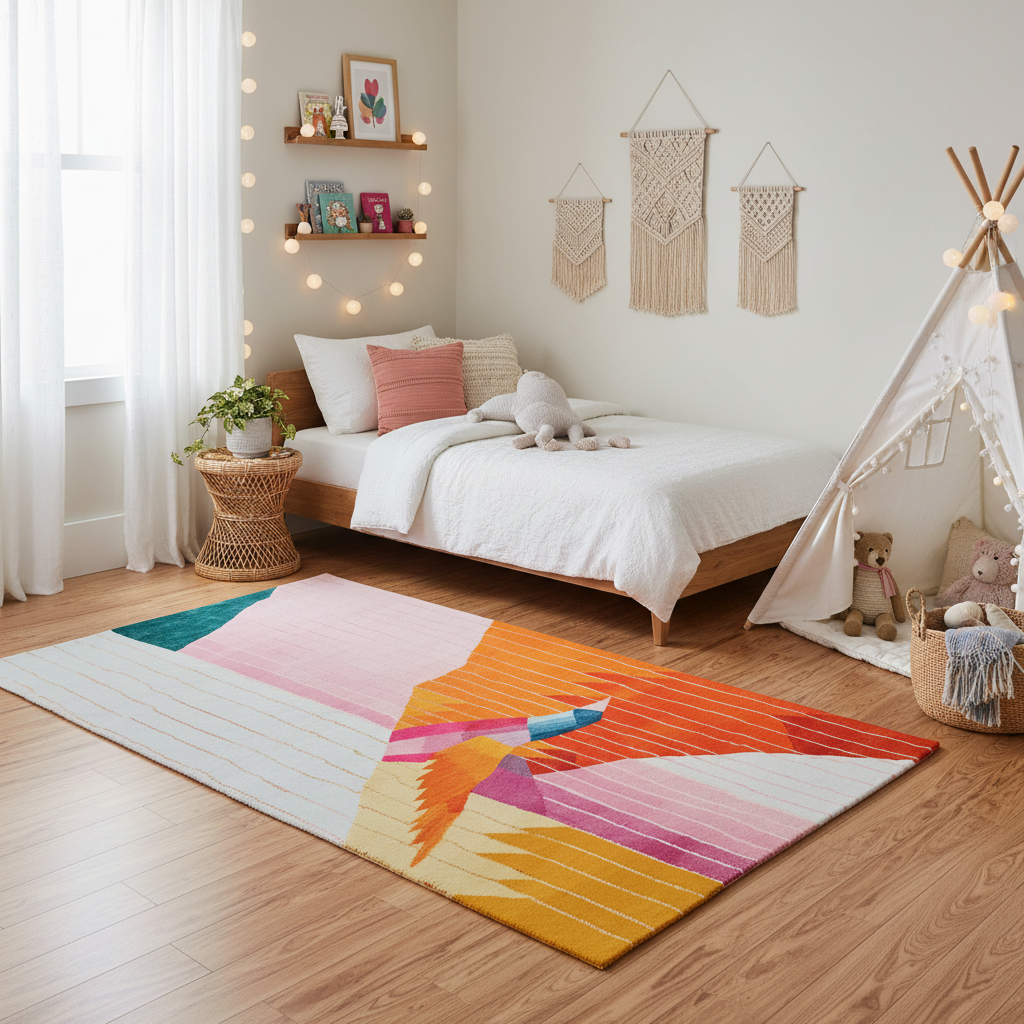 Children's bedroom with a colorful rug, bed, and toys.