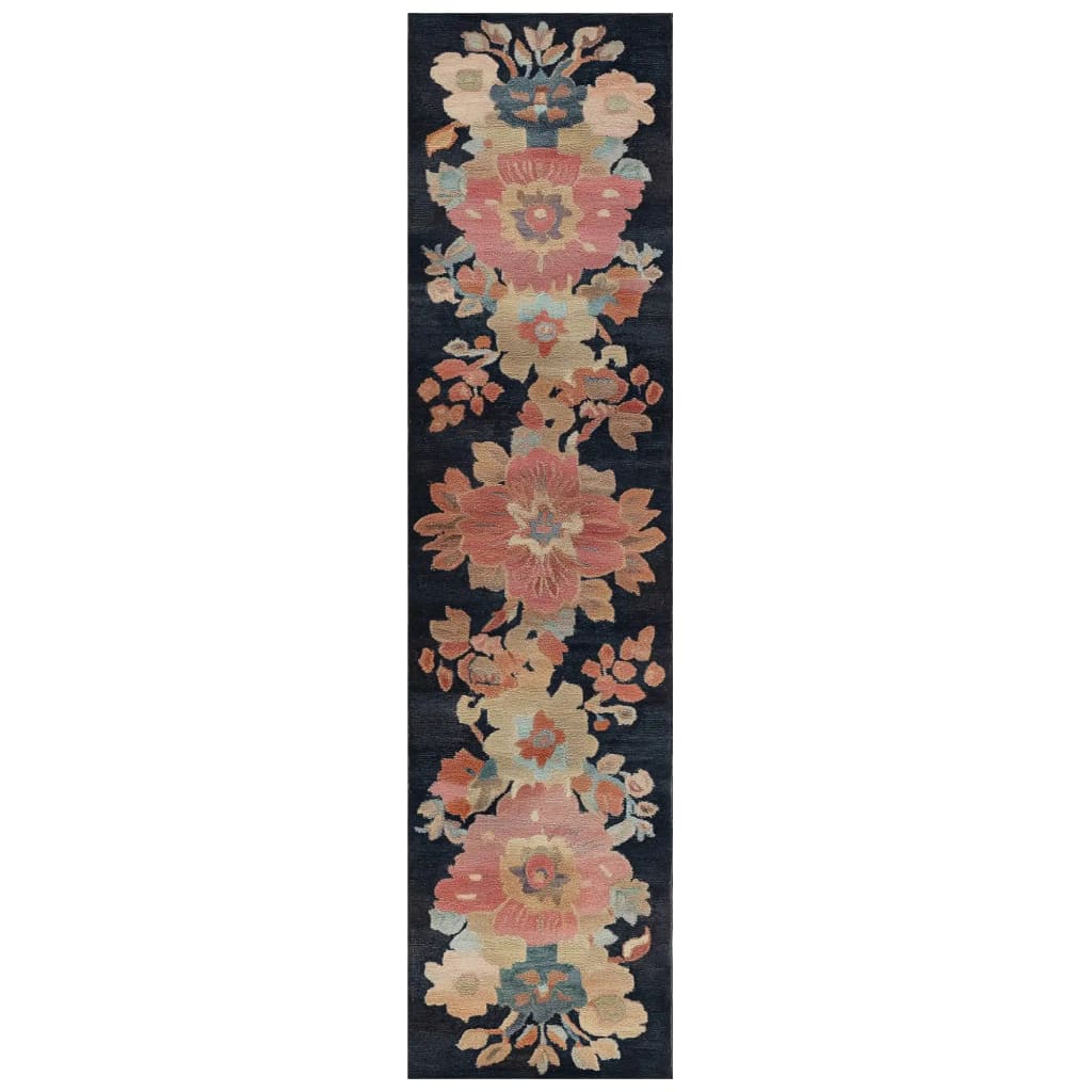 The Tidal Serenade Hand Tufted Wool Runner Rug showcases a vibrant floral design on a dark background, perfect for adding elegance to kitchens, hallways, or bathrooms. This exquisite wool rug combines style and durability, making it an ideal choice for kitchen runner rugs or bathroom runner rugs.