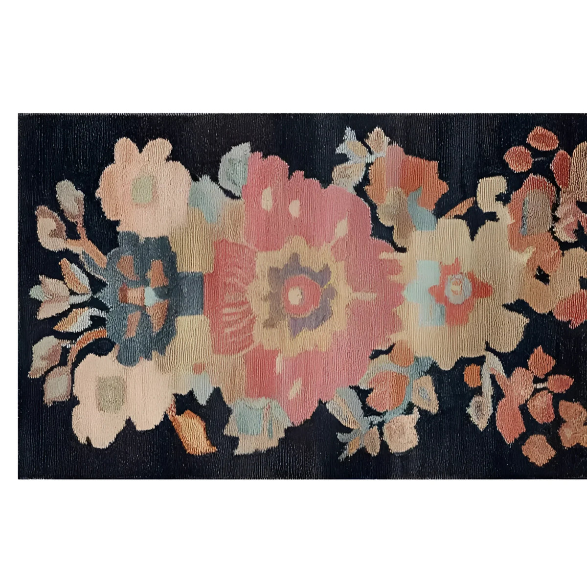 Top view of the Tidal Serenade Hand Tufted Wool Runner Rug featuring a vibrant floral design with a mix of pink, blue, and beige hues on a dark background, perfect for enhancing kitchen, bathroom, or hallway spaces.