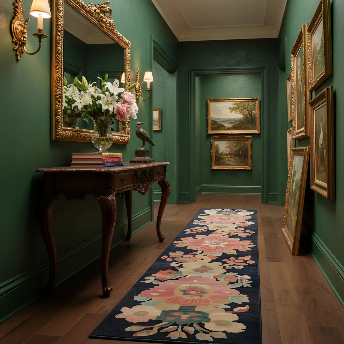 Decorative hallway with green walls, a floral rug, and framed artwork.